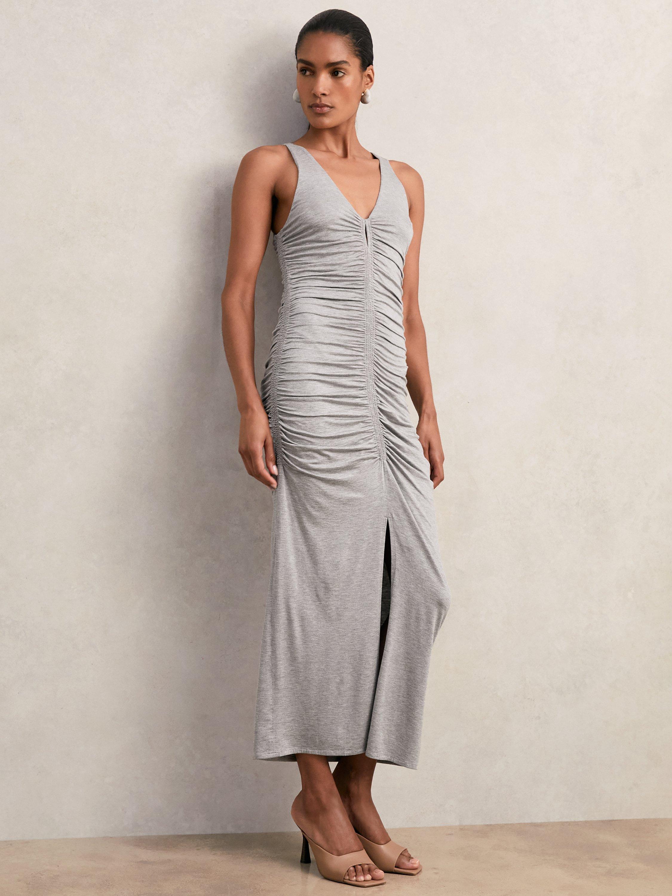 Product image 1 of 5, which shows Reiss Alessandra Ruched Jersey Dress, Grey, 6