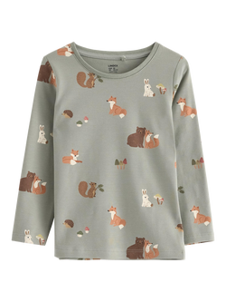 Lindex Kids' Cotton Blend Long Sleeve Animal Print Top, Light Dusty Green