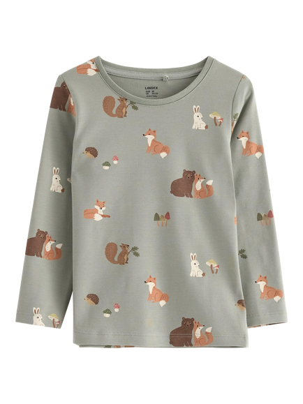Lindex Kids' Cotton Blend Long Sleeve Animal Print Top, Light Dusty Green