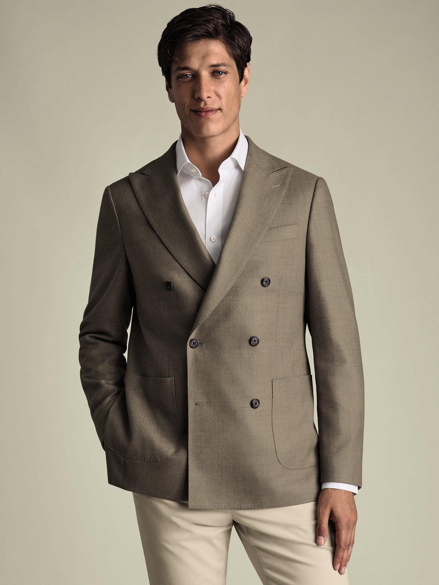 Product image 1 of 6, which shows Charles Tyrwhitt Wool Blend Slim Fit Double Breasted Blazer, Tan, S