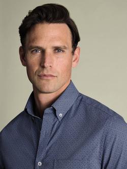 Charles Tyrwhitt Printed Short Sleeve Cotton Shirt - view 2, Denim Blue