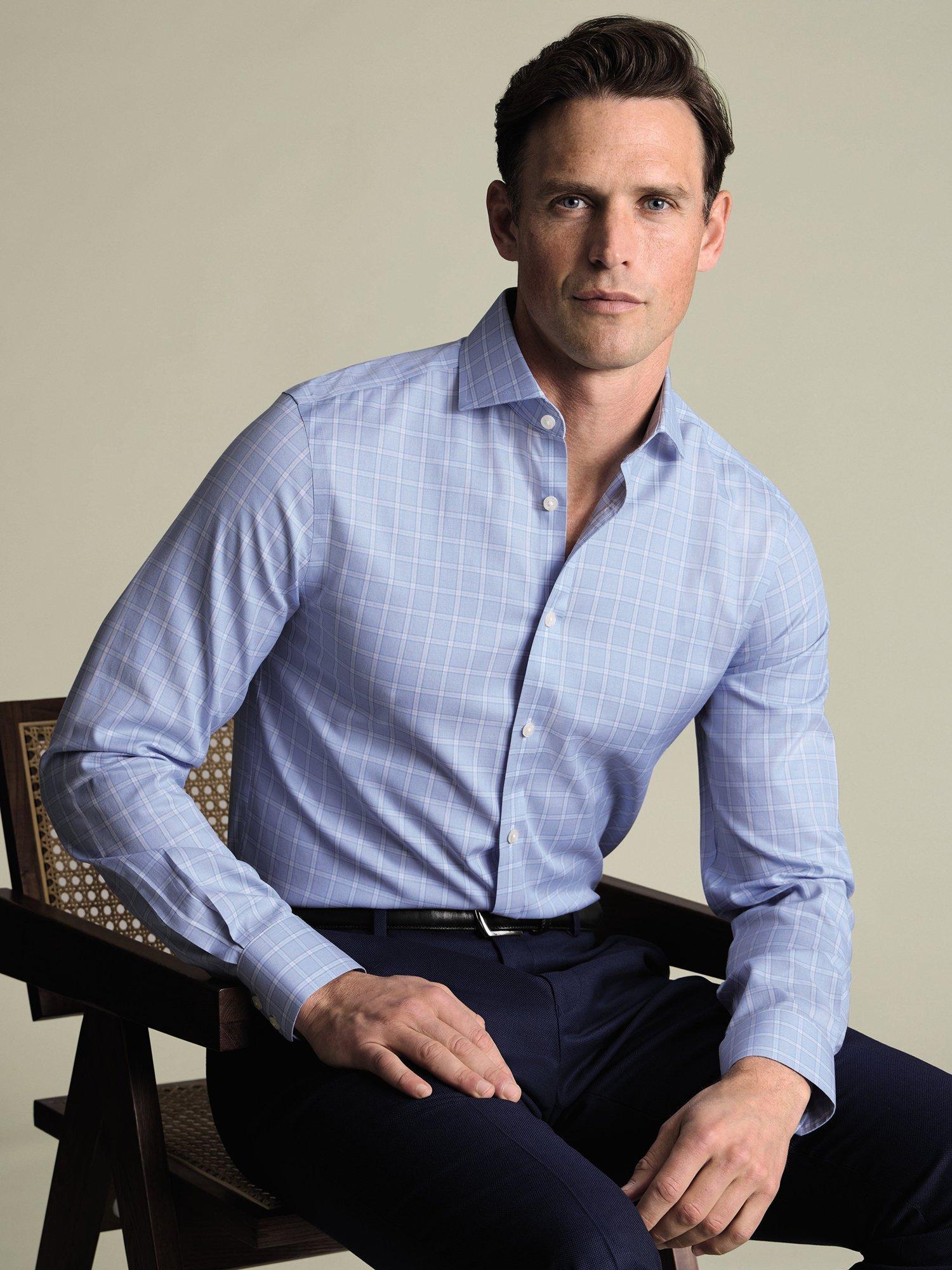 Product image 7 of 7, which shows Charles Tyrwhitt Check Cotton Shirt, Sky Blue, 14.5