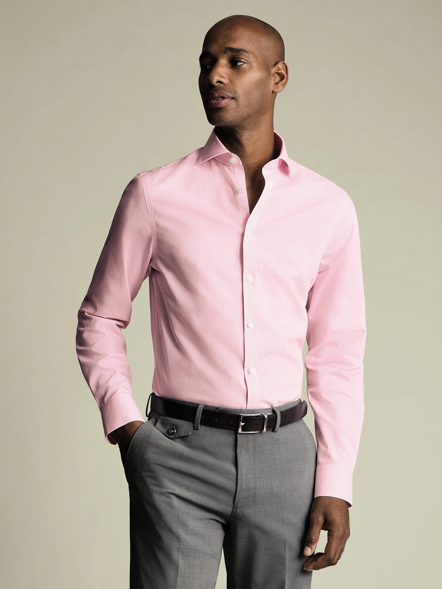Product image 1 of 8, which shows Charles Tyrwhitt Stripe Cotton Shirt, Pink, 14.5