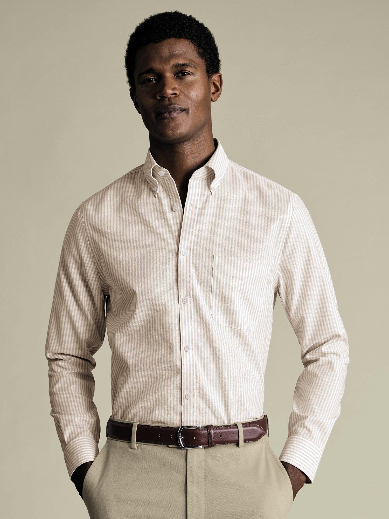 Product image 1 of 7, which shows Charles Tyrwhitt Stripe Cotton Blend Shirt, Taupe, 14.5