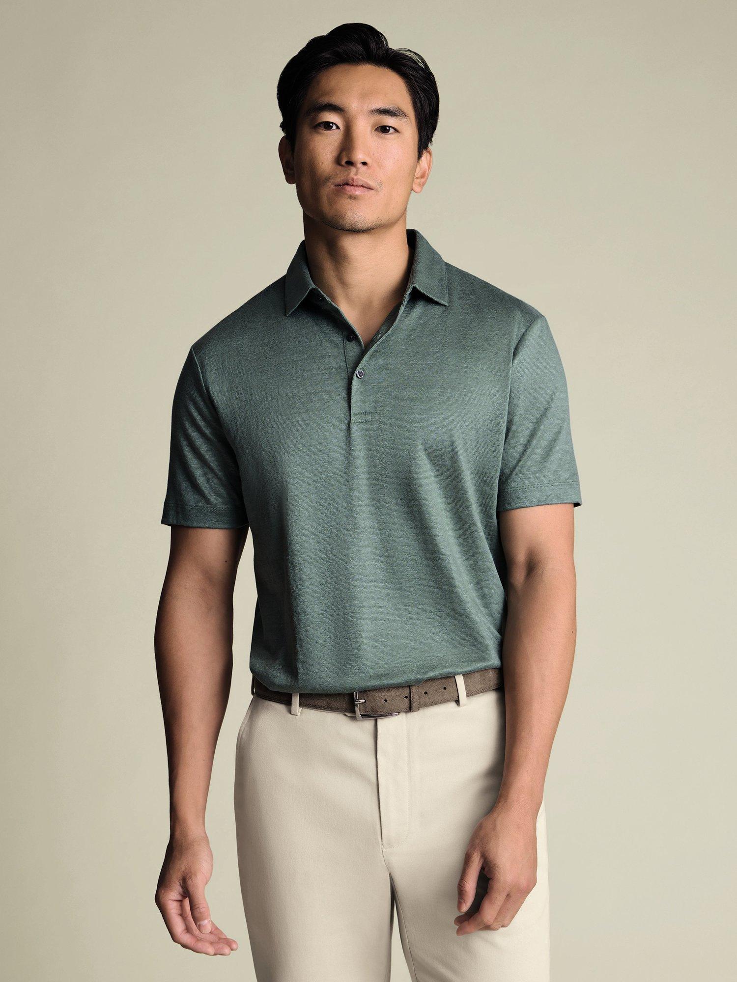 Product image 1 of 7, which shows Charles Tyrwhitt Regular Fit Linen Polo Shirt, Aqua Green, S