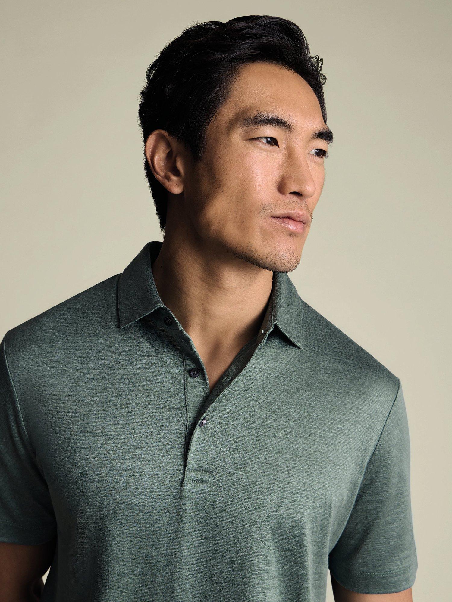 Product image 3 of 7, which shows Charles Tyrwhitt Regular Fit Linen Polo Shirt, Aqua Green, S