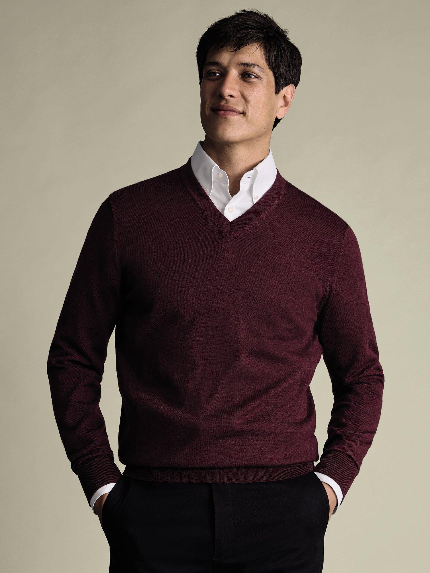 Product image 1 of 5, which shows Charles Tyrwhitt V Neck Merino Wool Jumper, Burgundy Red, S