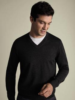 Charles Tyrwhitt V Neck Merino Wool Jumper - view 2, Dark Charcoal