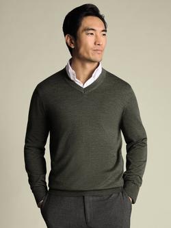 Charles Tyrwhitt V Neck Merino Wool Jumper, Olive Green