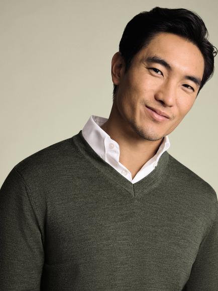 Charles Tyrwhitt V Neck Merino Wool Jumper - view 2, Olive Green