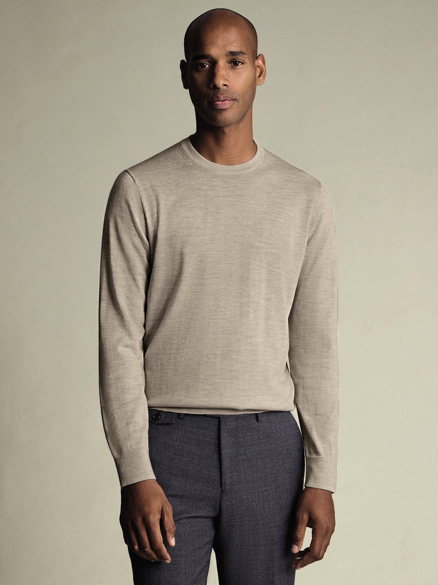 Product image 1 of 6, which shows Charles Tyrwhitt Crew Neck Merino Wool Jumper, Limestone, S