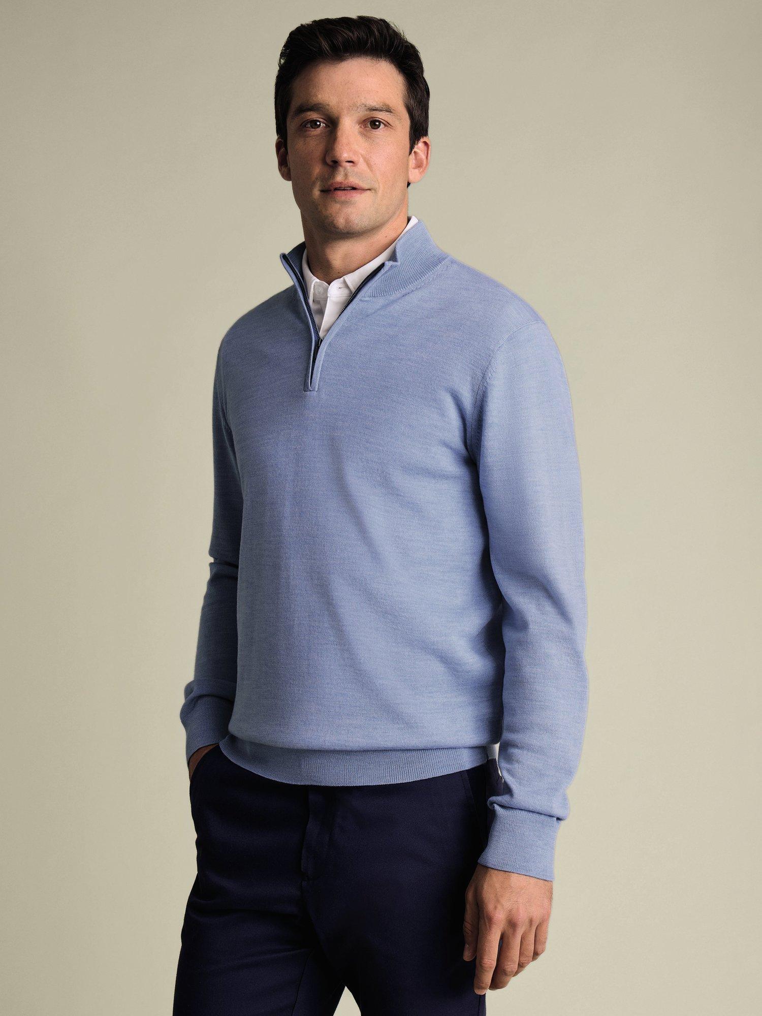 Product image 1 of 5, which shows Charles Tyrwhitt Half Zip Merino Wool Jumper, Cornflower Blue, S