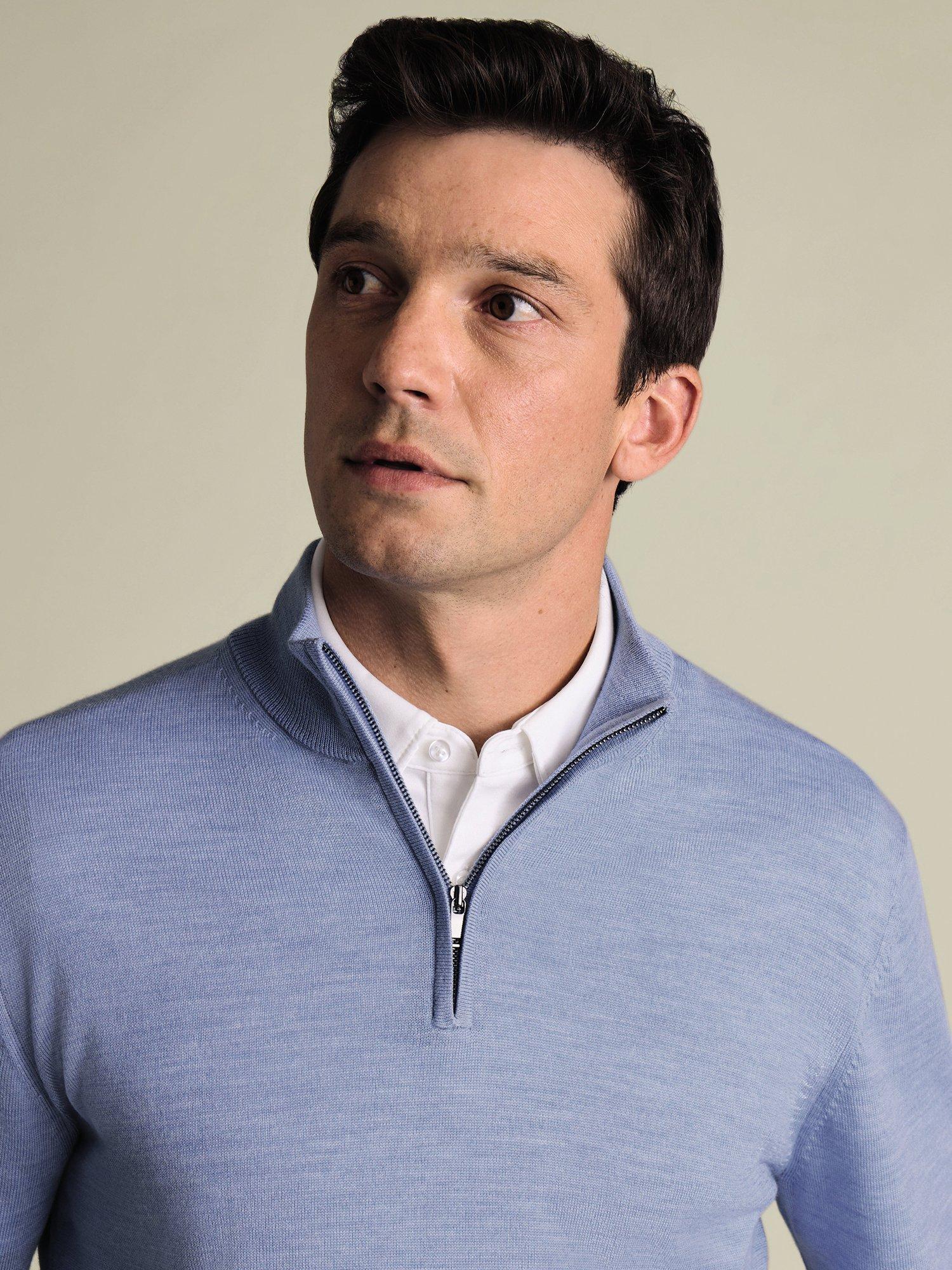Product image 2 of 5, which shows Charles Tyrwhitt Half Zip Merino Wool Jumper, Cornflower Blue, S