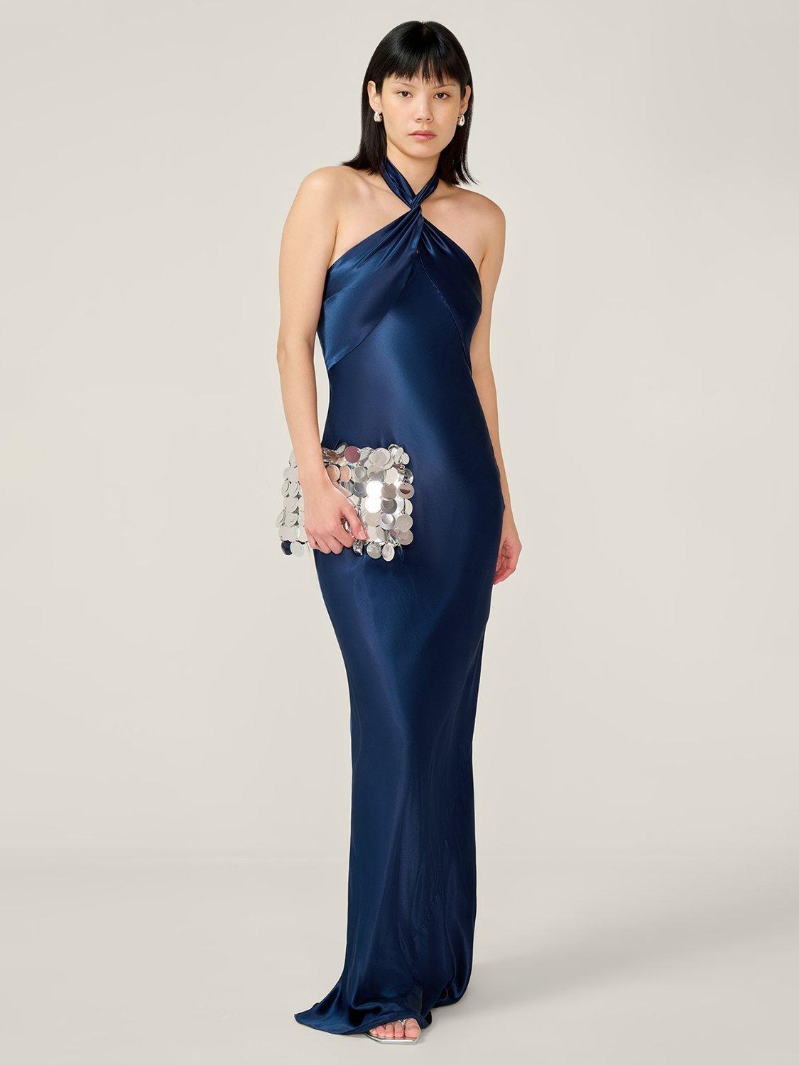 Product image 1 of 5, which shows OMNES Arles Halterneck Satin Maxi Dress, Navy, 6