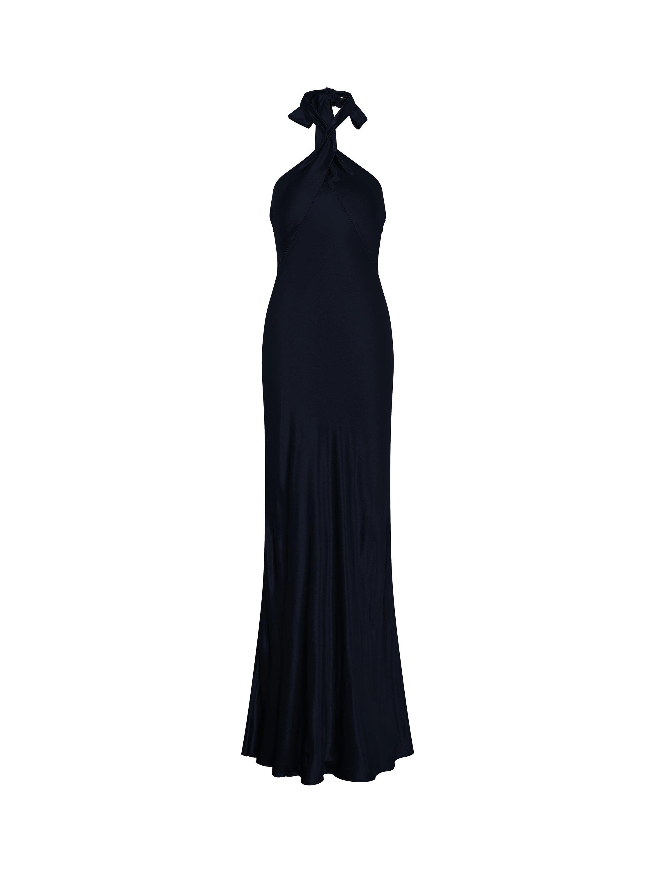 Product image 5 of 5, which shows OMNES Arles Halterneck Satin Maxi Dress, Navy, 6