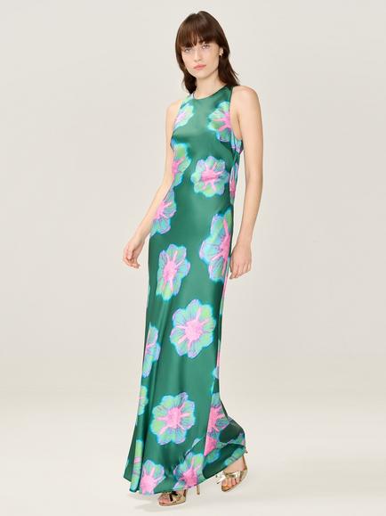 OMNES Jai Floral Satin Dress, Forest Green/Multi - view 2, Forest Green/Multi