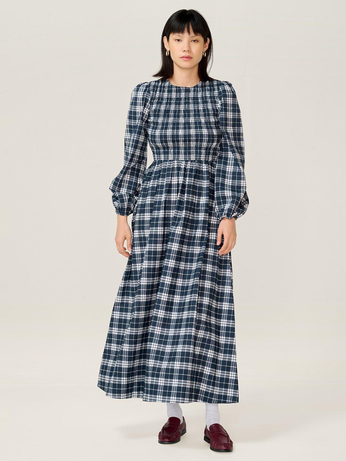 Product image 1 of 5, which shows OMNES Saint Check Midi Dress, Navy Check, 6