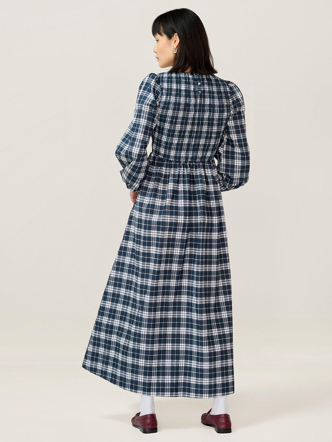 Product image 3 of 5, which shows OMNES Saint Check Midi Dress, Navy Check, 6