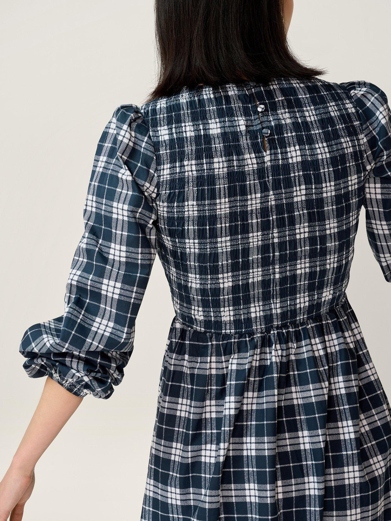 Product image 4 of 5, which shows OMNES Saint Check Midi Dress, Navy Check, 6
