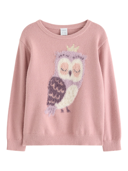 Lindex Kids' Long Sleeved Owl Jumper, Dusty Pink, Dusty Pink
