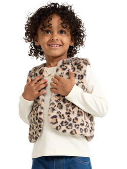 Lindex Kids' Faux Fur Leopard Print Gilet, Black/Multi, Black/Multi