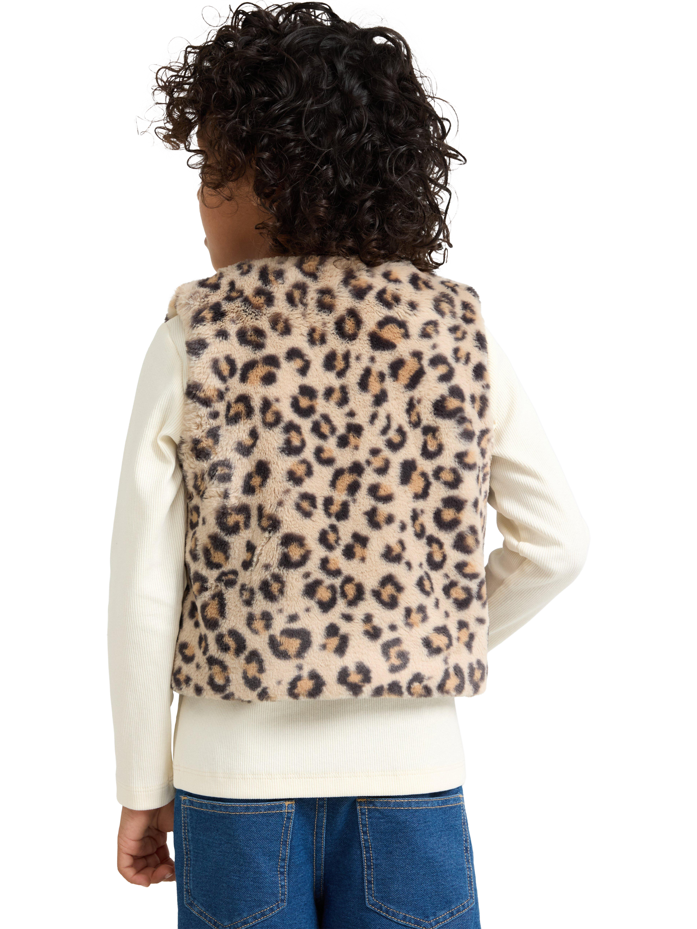 Lindex Kids' Faux Fur Leopard Print Gilet, Black/Multi