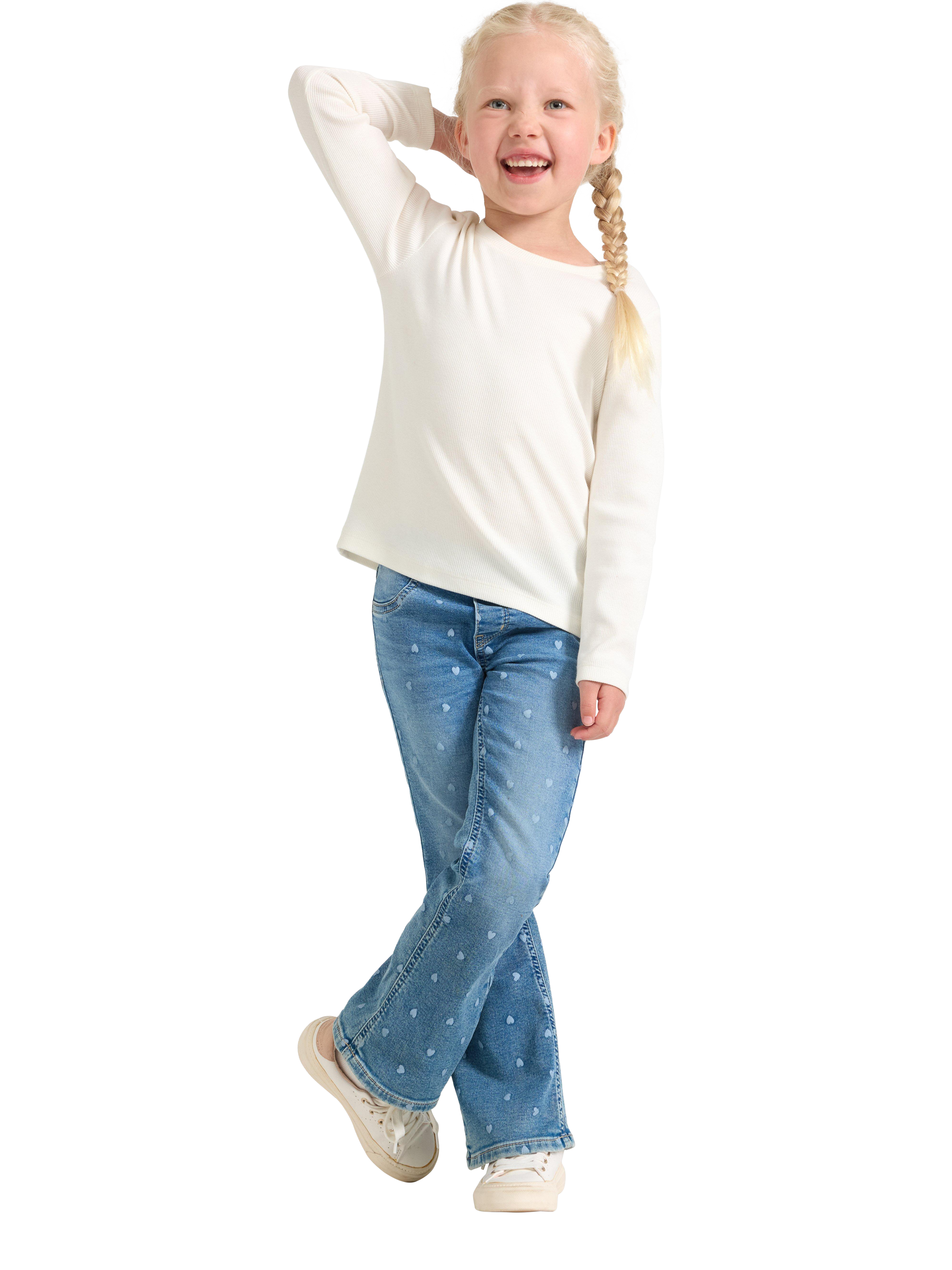 Product image 1 of 6, which shows Lindex Kids' Freyja Denim Flared Jeans, Blue, 3-4 years
