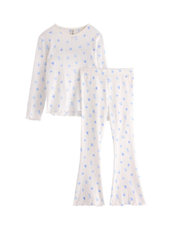Lindex Kids' Cotton Long Sleeved Bow Print Pyjama Set, Light Dusty White, Light Dusty White