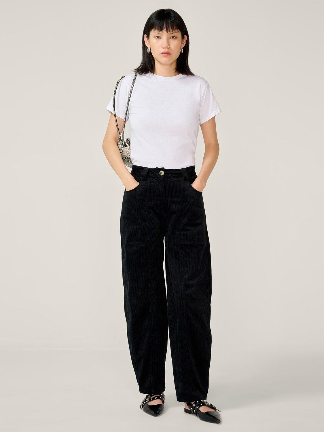 Product image 1 of 5, which shows OMNES Kai Barrel Leg Corduroy Trousers, Black, 6