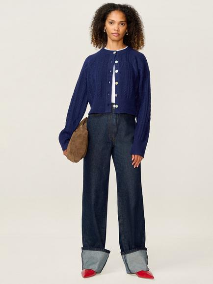 OMNES August Wool Blend Round Neck Cardigan, Navy