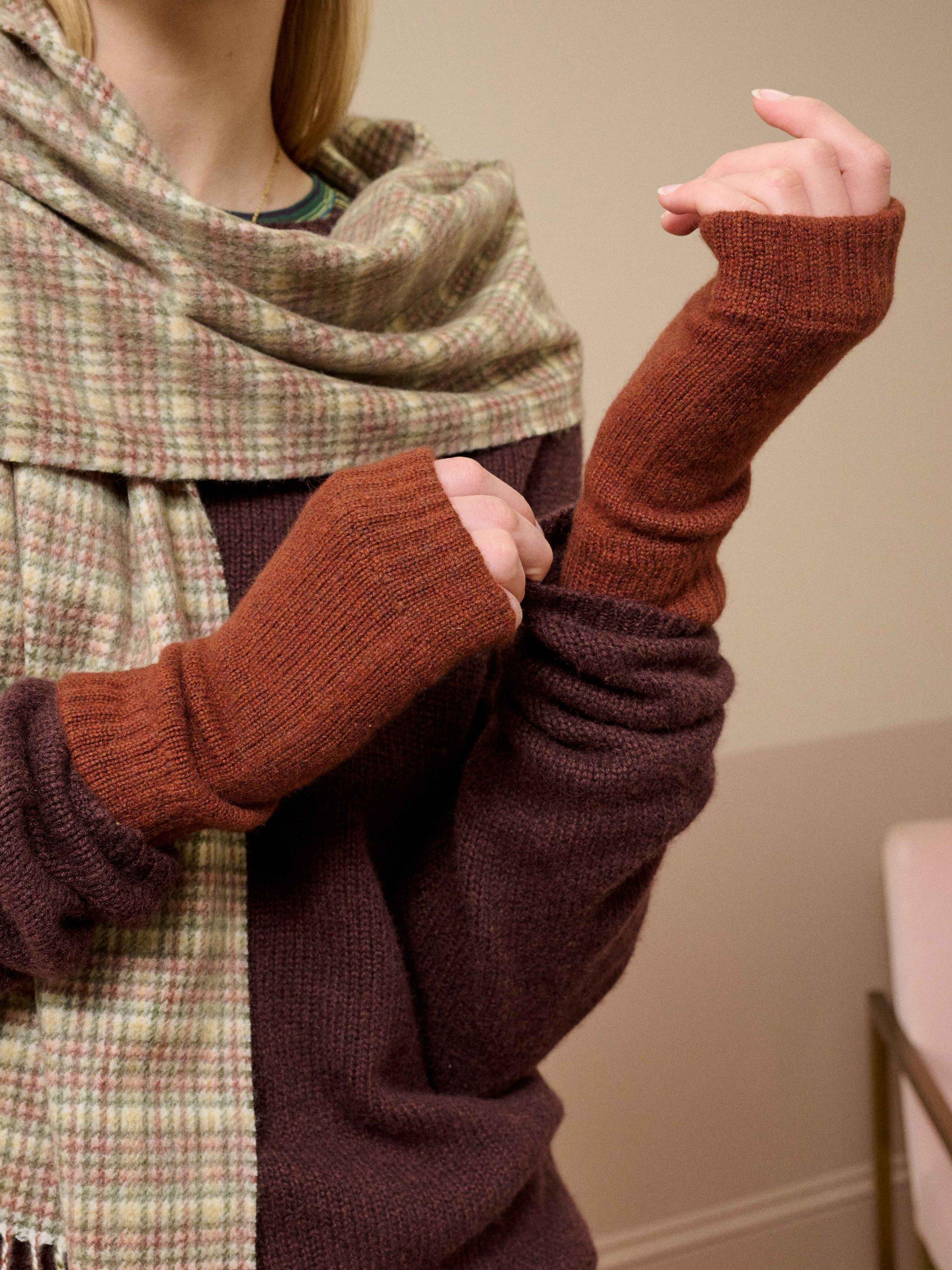 Product image 2 of 2, which shows Brora Pure Cashmere Wrist Warmers, Conker, One Size