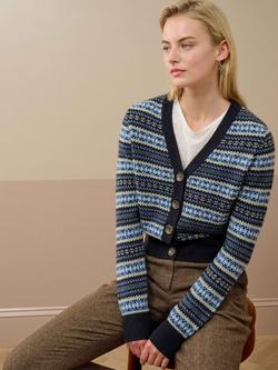 Brora Fair Isle V-Neck Pure Cashmere Cardigan, Midnight, Midnight