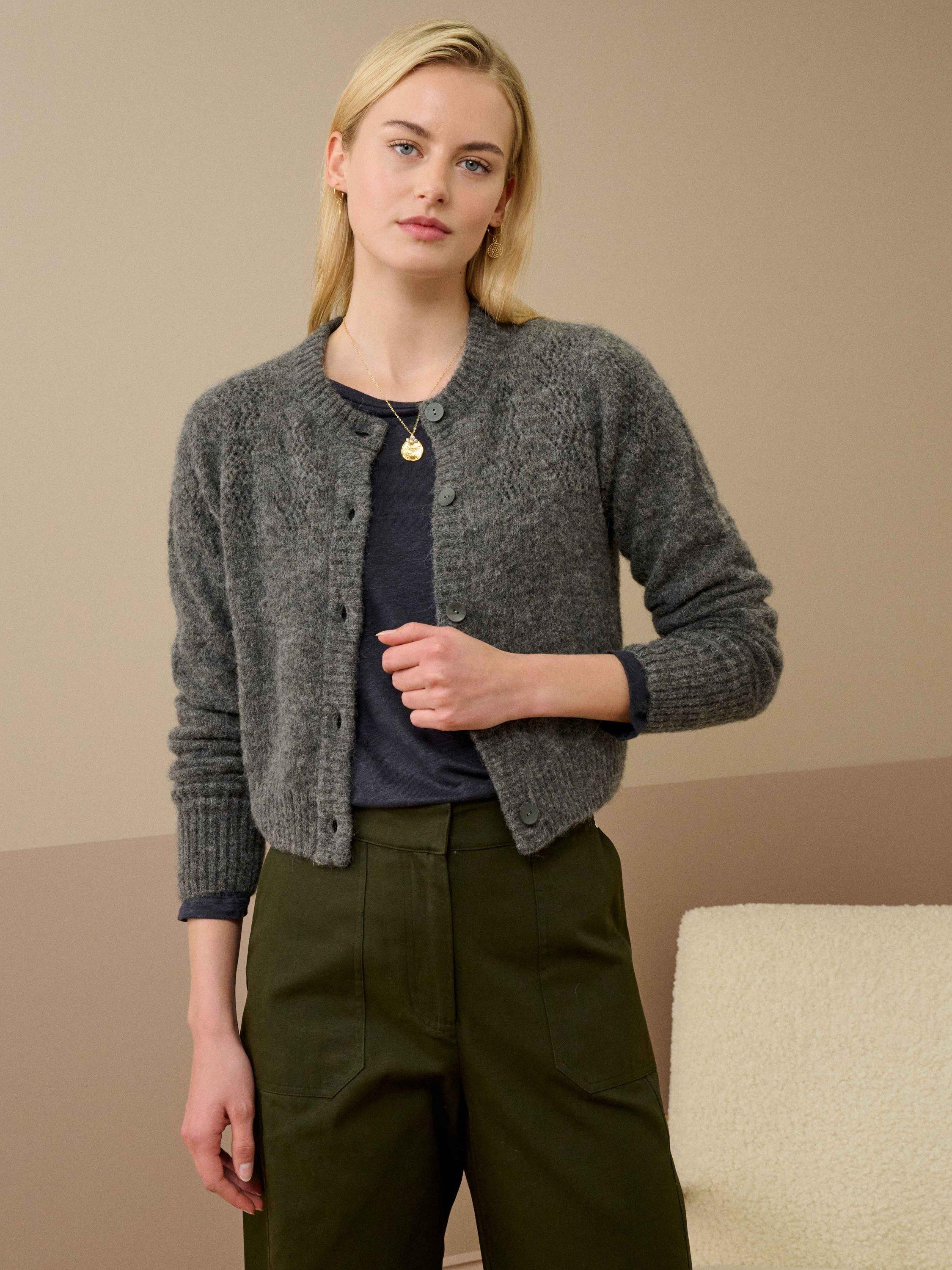 Product image 1 of 4, which shows Brora Textured Alpaca Wool Rich Cardigan, Smoke, 8