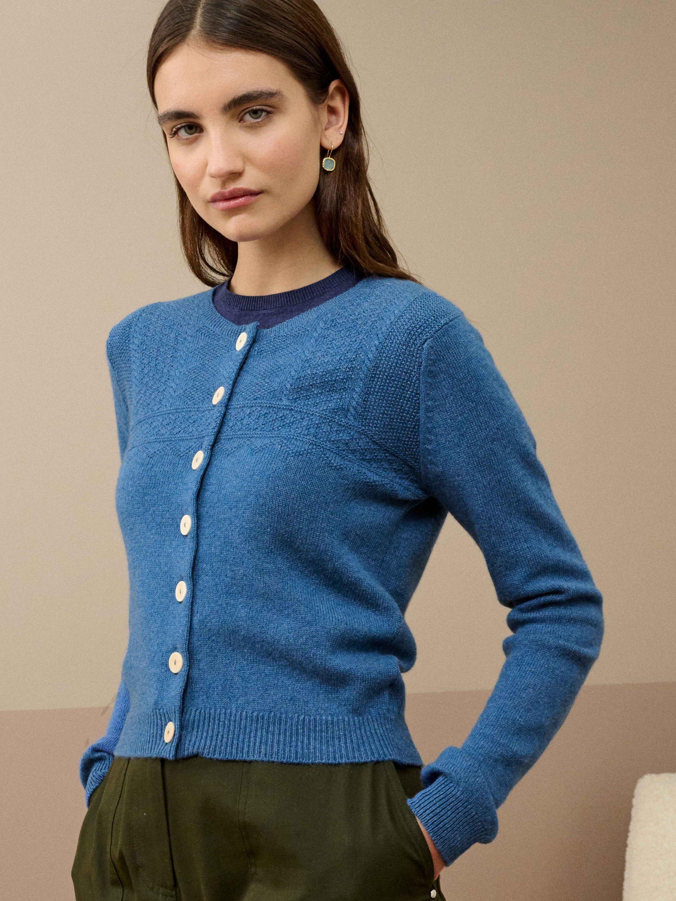 Product image 1 of 4, which shows Brora Guernsey Pure Cashmere Cardigan, Dusk, 8