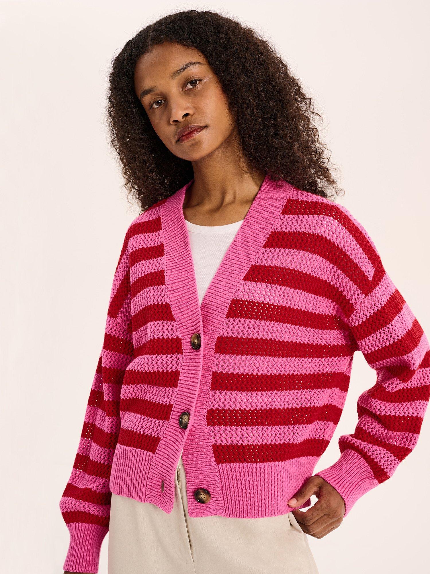 Product image 1 of 5, which shows OMNES Heather Stripe Cardigan, Magenta, XS