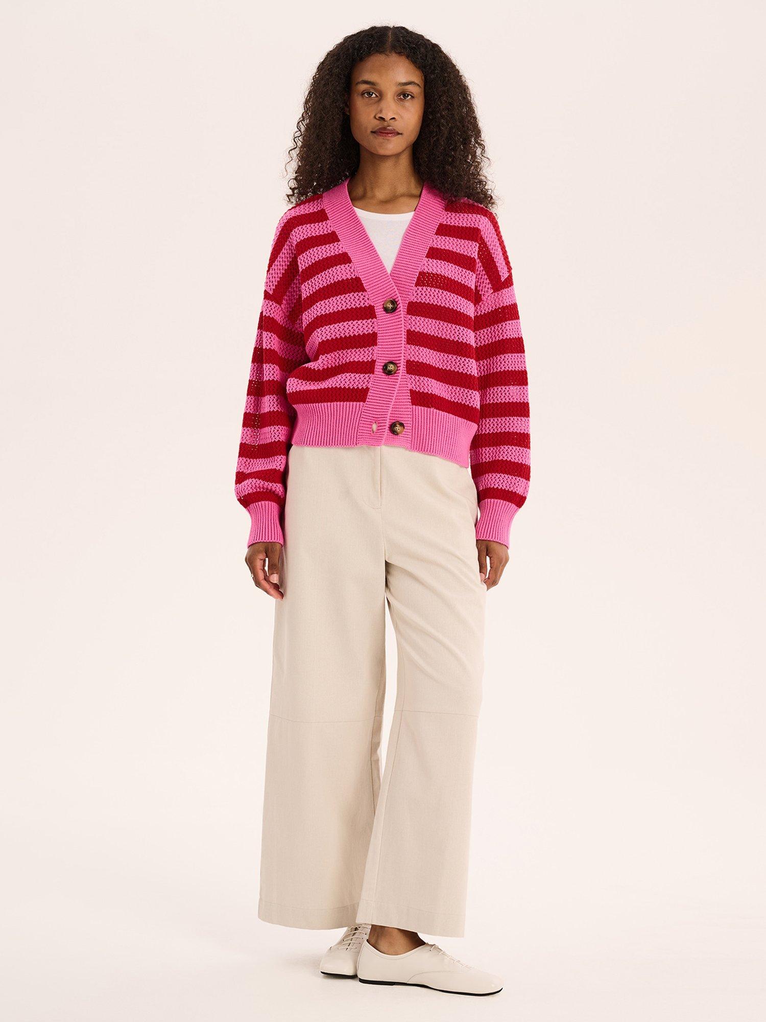 Product image 4 of 5, which shows OMNES Heather Stripe Cardigan, Magenta, XS