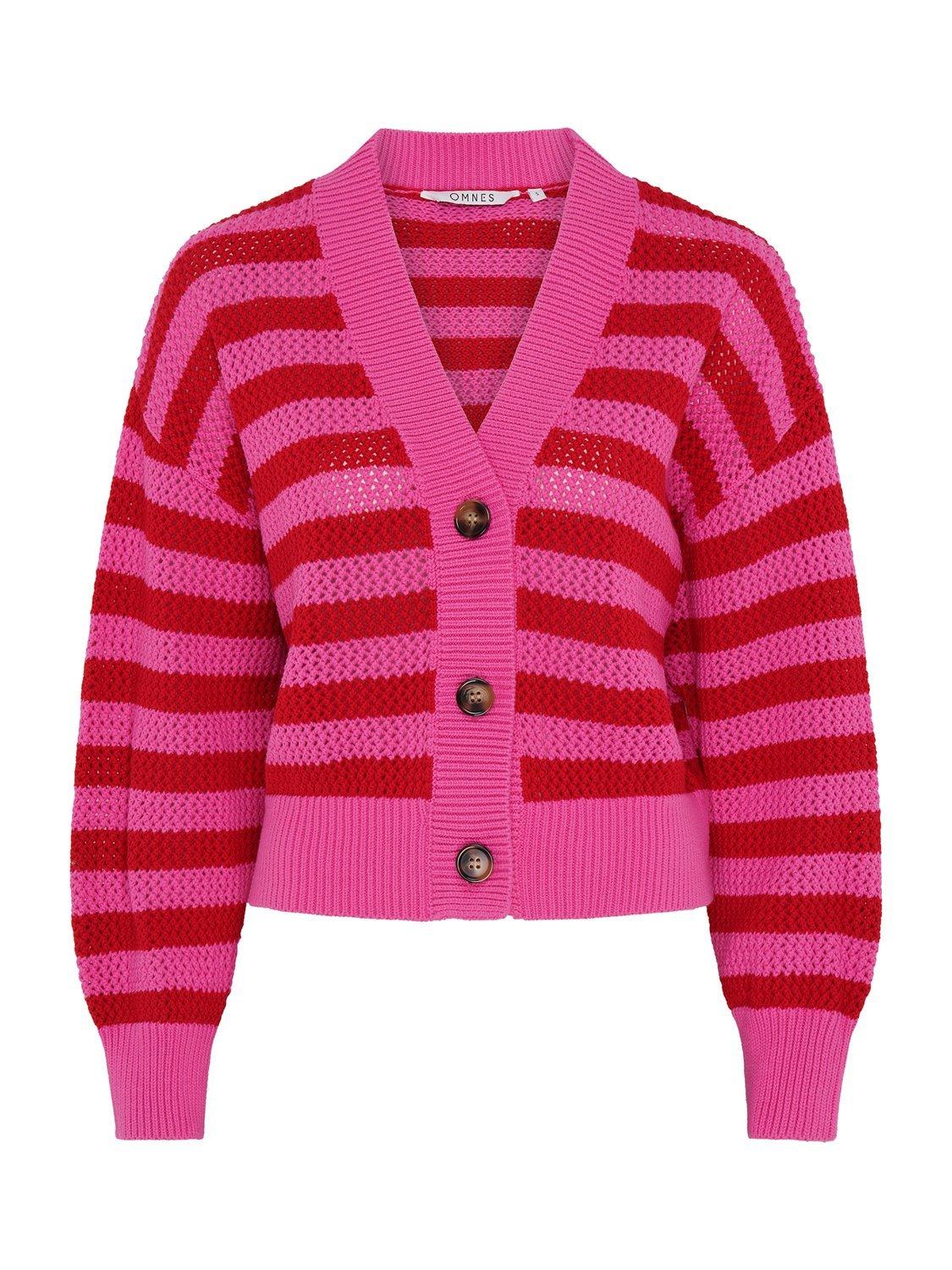 Product image 5 of 5, which shows OMNES Heather Stripe Cardigan, Magenta, XS