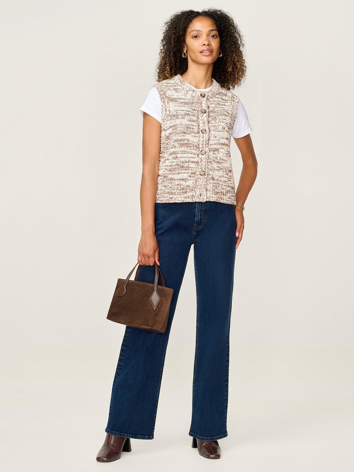 Product image 1 of 4, which shows OMNES Matilda Button Knit Top, Brown/Cream, XS