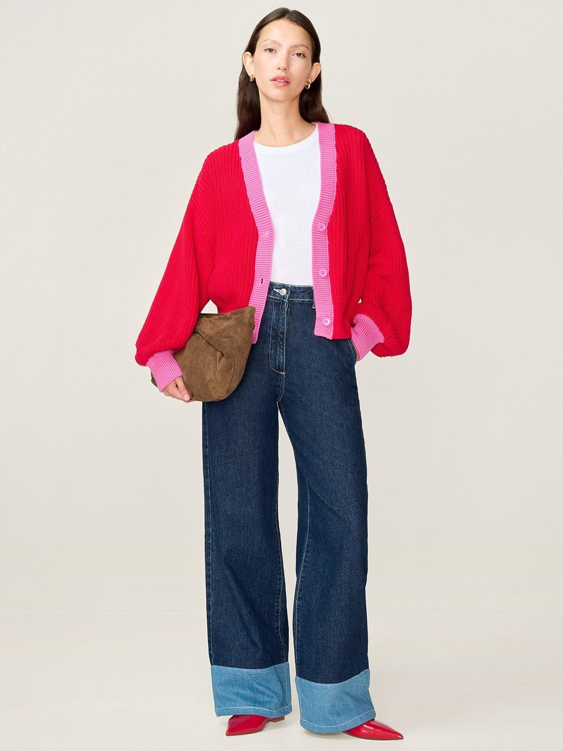 Product image 1 of 4, which shows OMNES Hopper Oversized Contrast Trim Cardigan, Red/Pink, XS