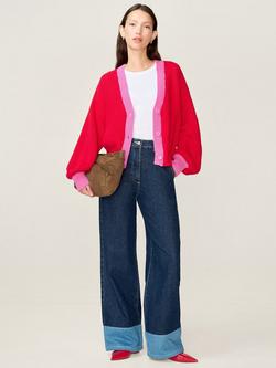 OMNES Hopper Oversized Contrast Trim Cardigan, Red/Pink
