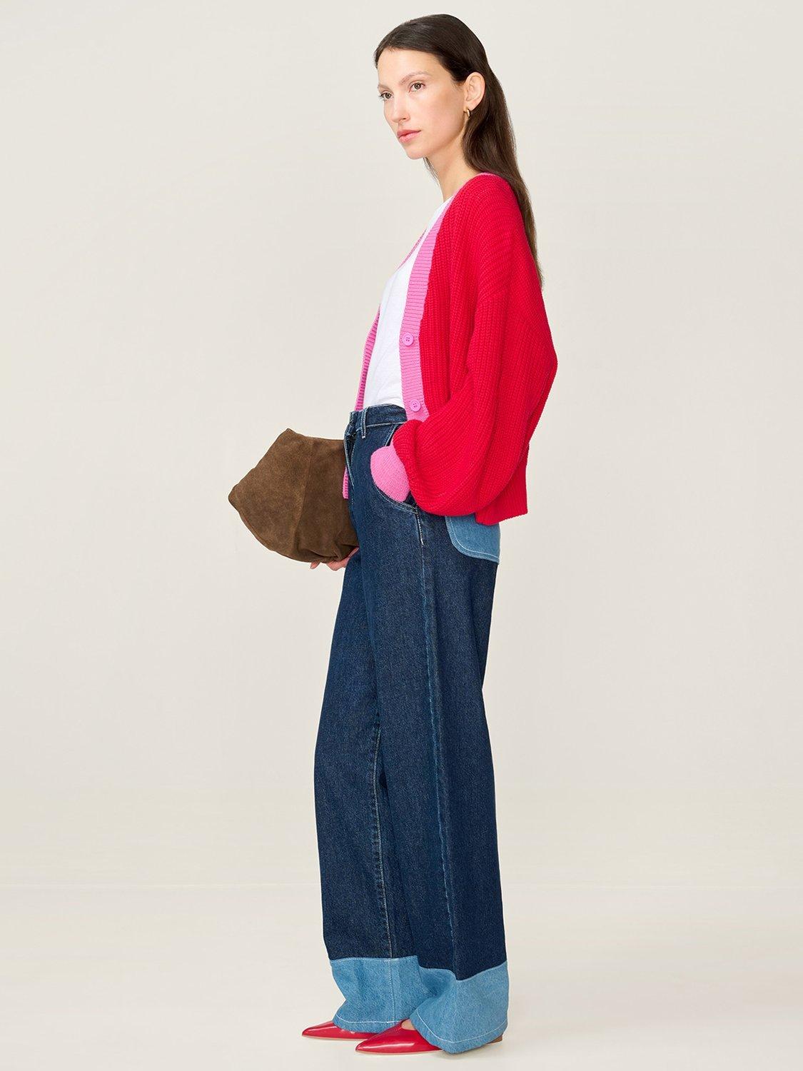 Product image 2 of 4, which shows OMNES Hopper Oversized Contrast Trim Cardigan, Red/Pink, XS