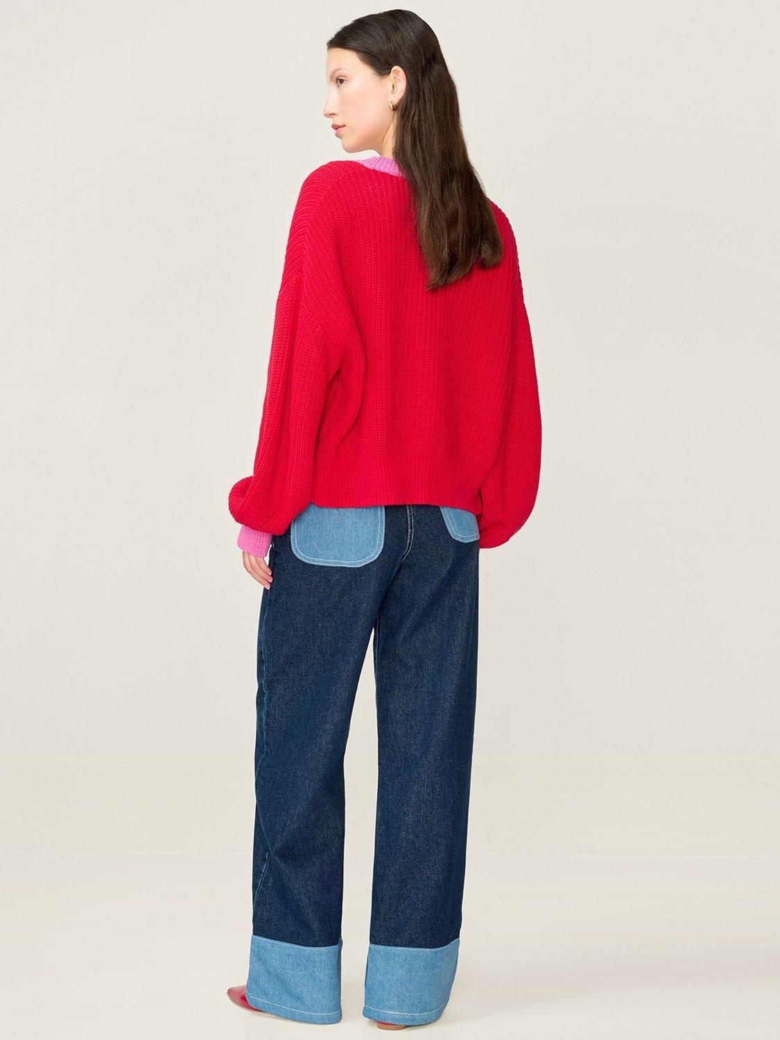 Product image 3 of 4, which shows OMNES Hopper Oversized Contrast Trim Cardigan, Red/Pink, XS