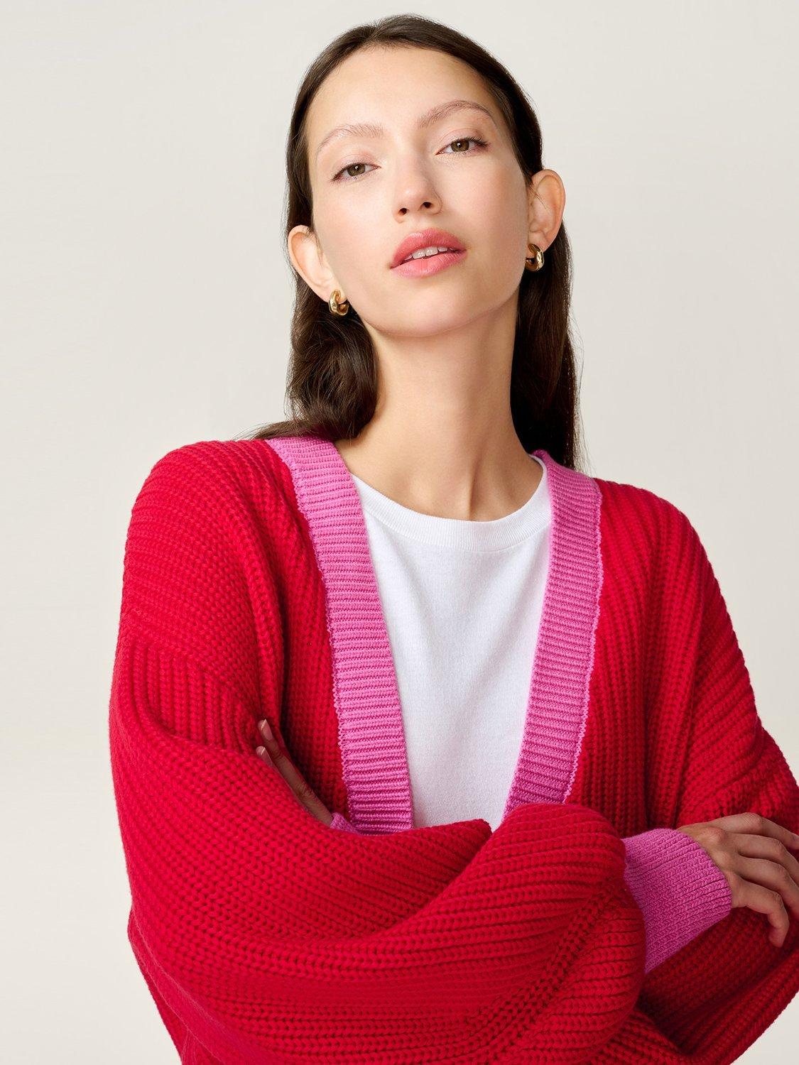 Product image 4 of 4, which shows OMNES Hopper Oversized Contrast Trim Cardigan, Red/Pink, XS