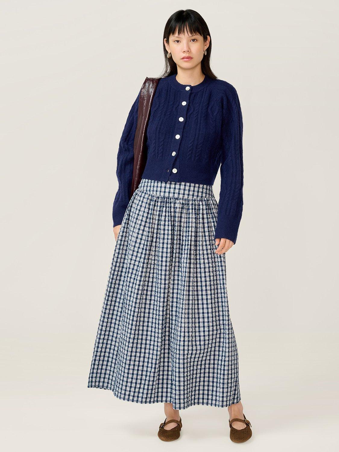 Product image 1 of 5, which shows OMNES Darcie Check Midi Skirt, Mono, 6