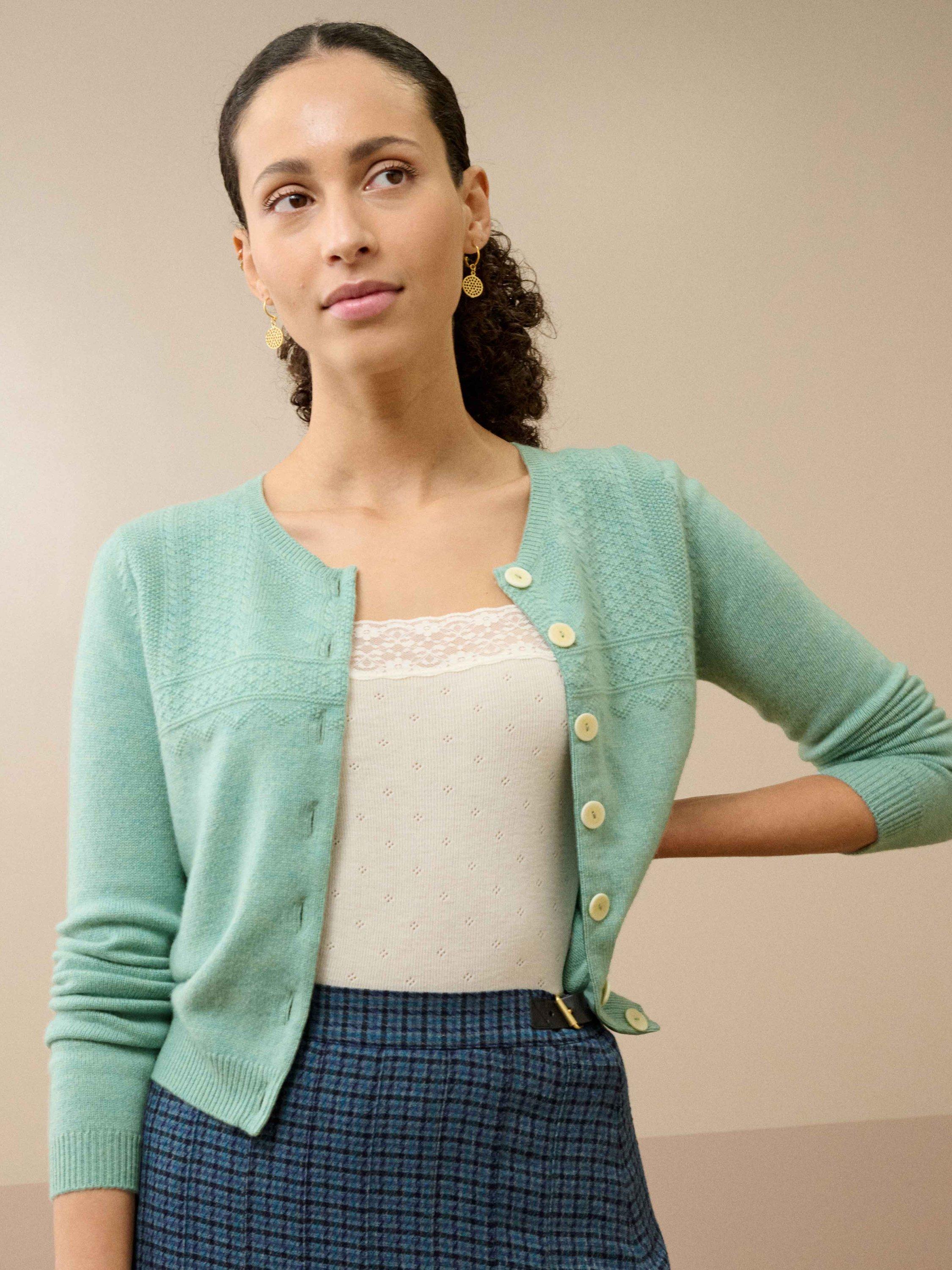 Product image 1 of 4, which shows Brora Guernsey Pure Cashmere Cardigan, Seaspray, 8