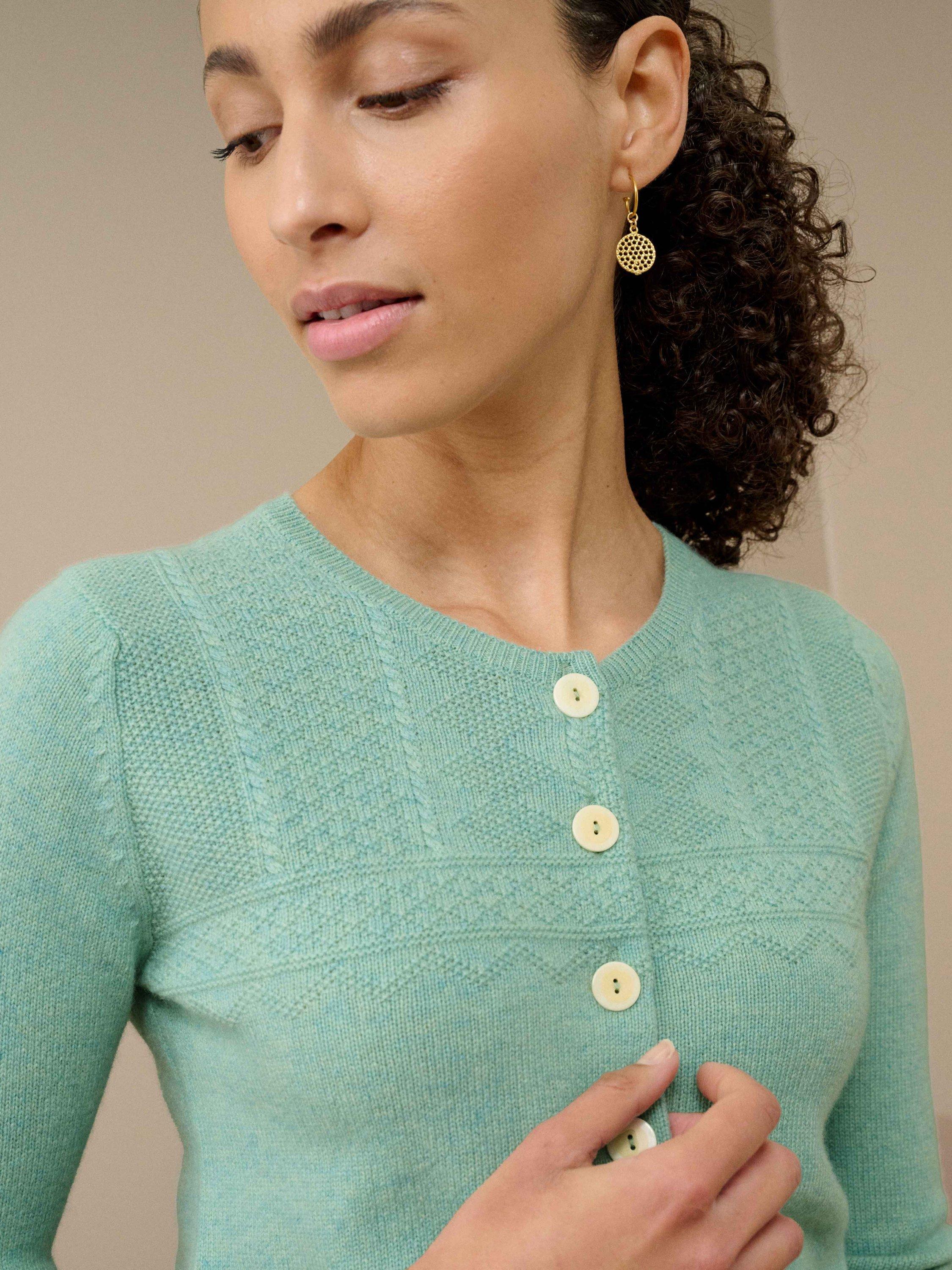 Product image 3 of 4, which shows Brora Guernsey Pure Cashmere Cardigan, Seaspray, 8