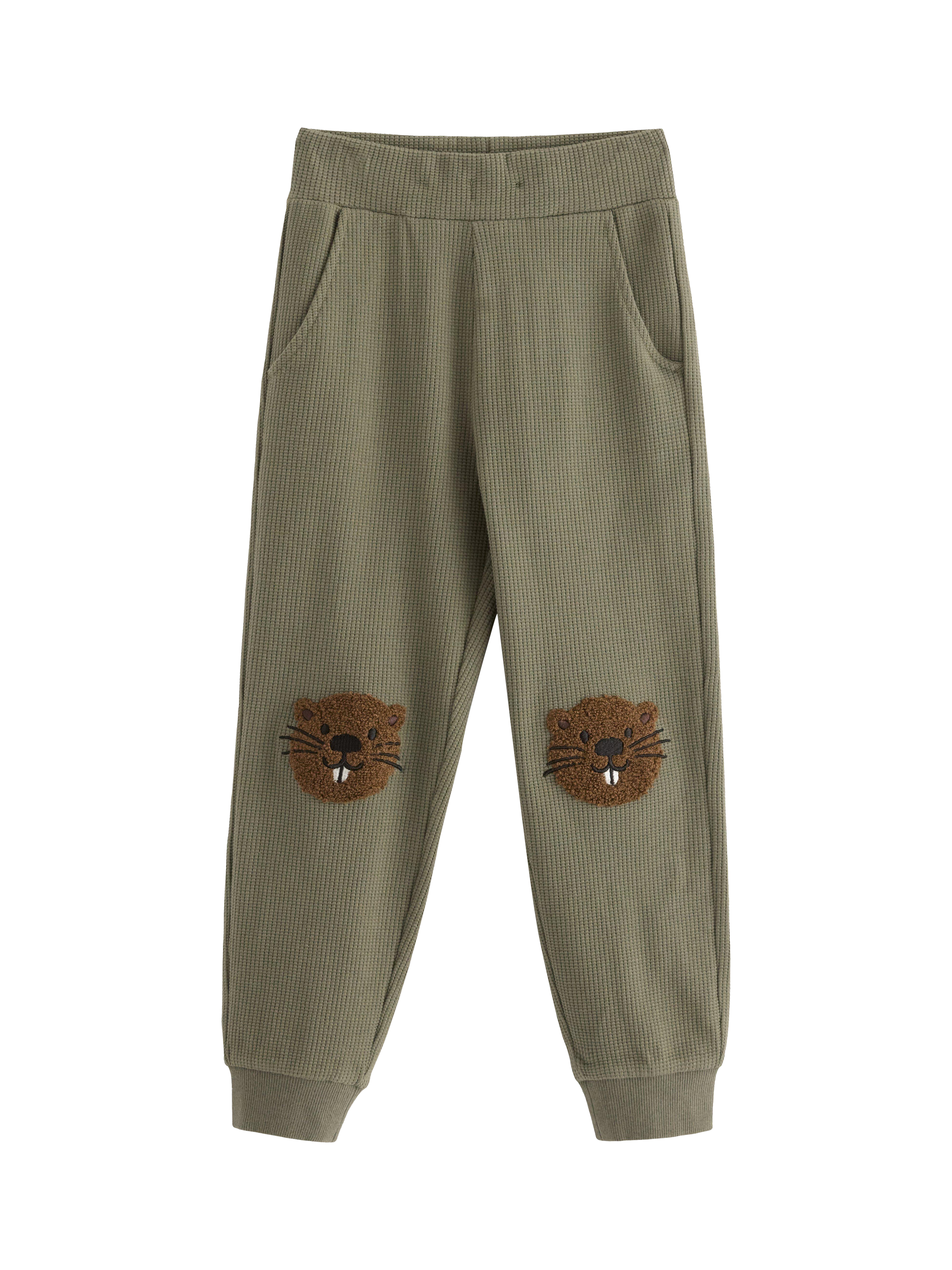 Product image 1 of 3, which shows Lindex Kids' Cotton Blend Knee Applique Joggers, Dusty Khaki, 4-5 years