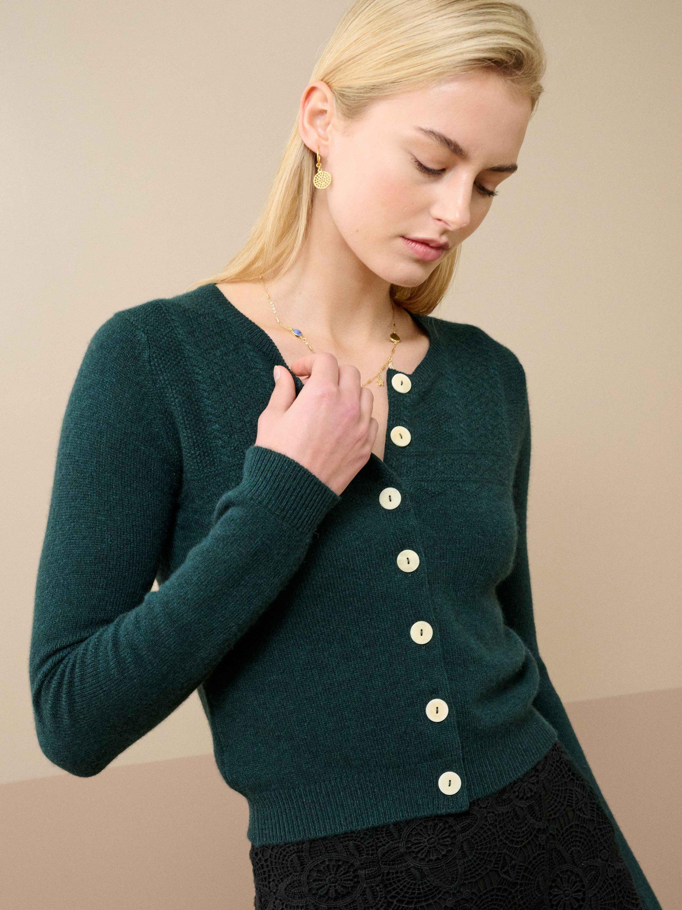 Product image 2 of 4, which shows Brora Guernsey Pure Cashmere Cardigan, Ivy, 12