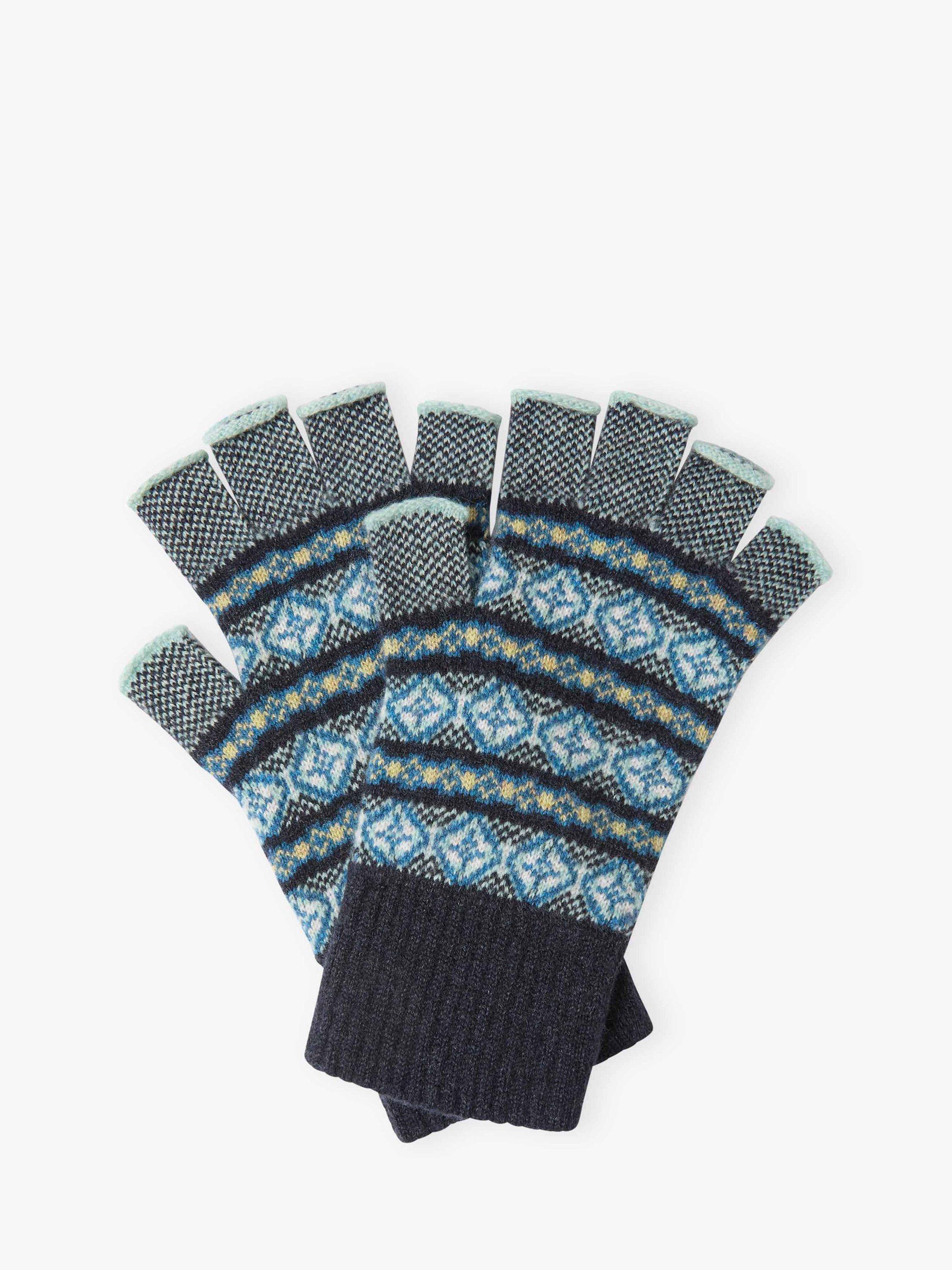 Product image 1 of 2, which shows Brora Fair Isle Folk Pure Cashmere Fingerless Gloves, Midnight, One Size