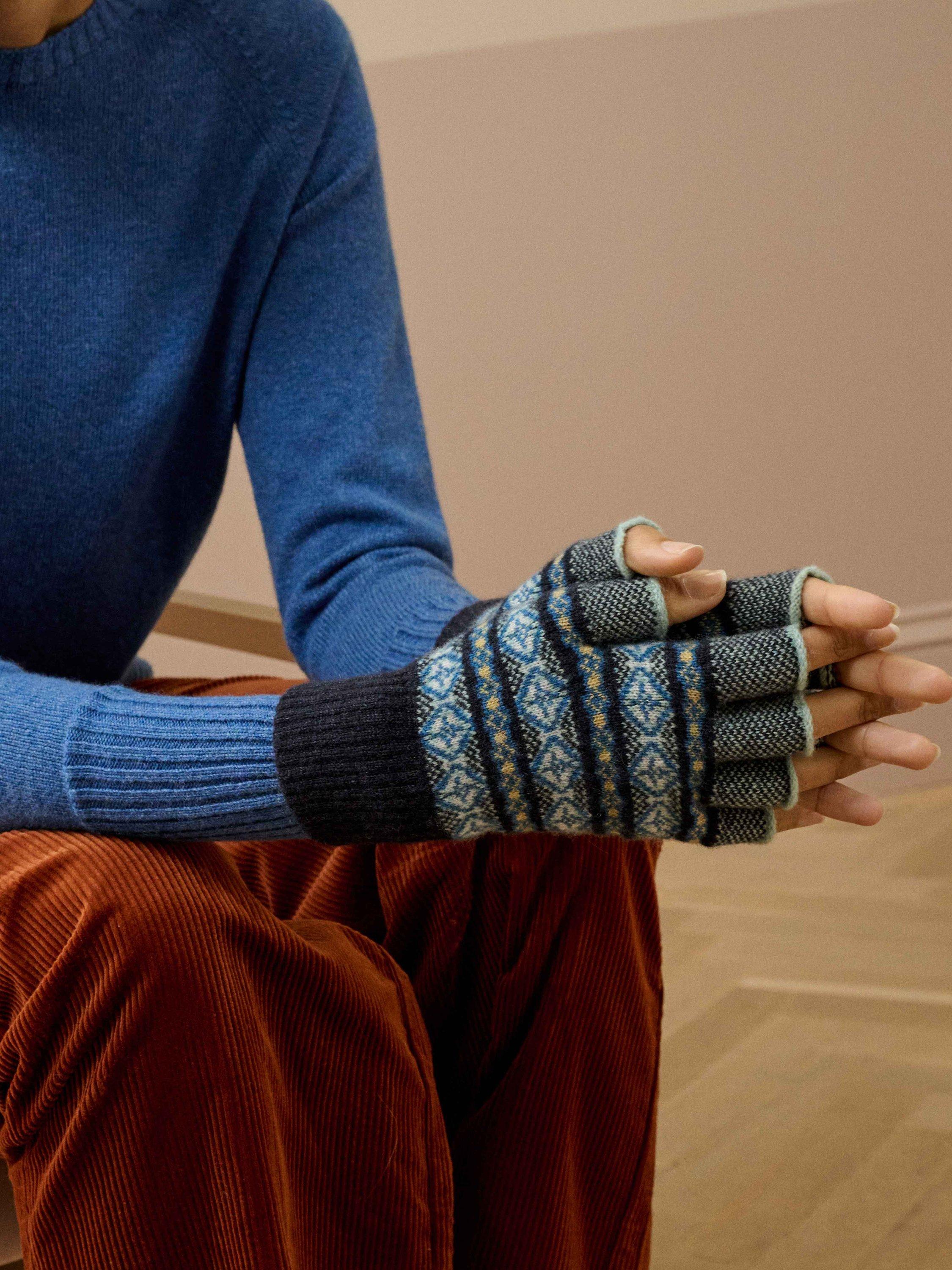 Product image 2 of 2, which shows Brora Fair Isle Folk Pure Cashmere Fingerless Gloves, Midnight, One Size